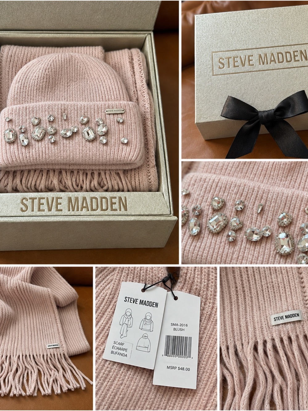 Steve Madden Blush Pink Knit Beanie & Fringe Scarf Set with Crystal Accents